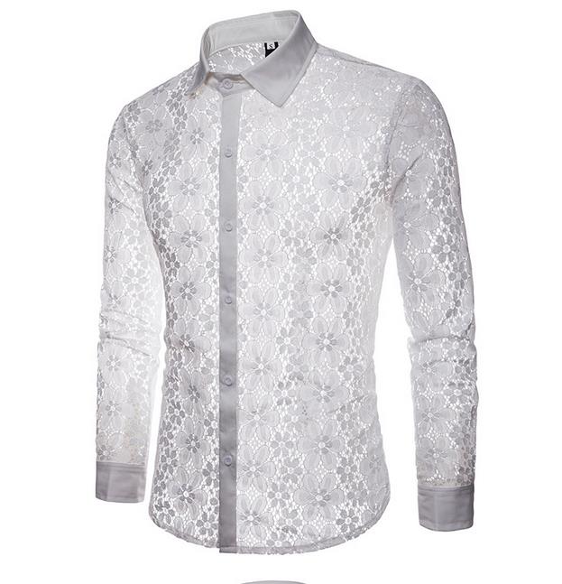 Fall new style full lace fashion men's long-sleeved lapel shirt men's shirt