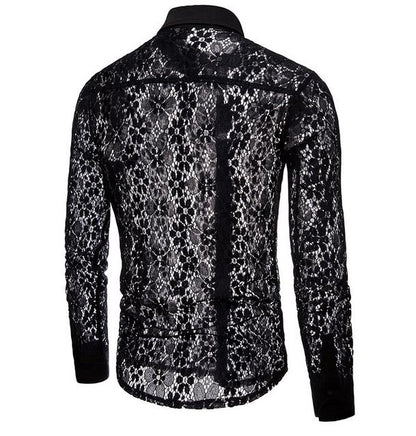 Fall new style full lace fashion men's long-sleeved lapel shirt men's shirt