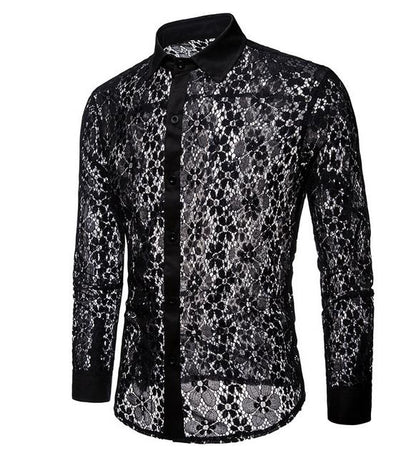 Fall new style full lace fashion men's long-sleeved lapel shirt men's shirt