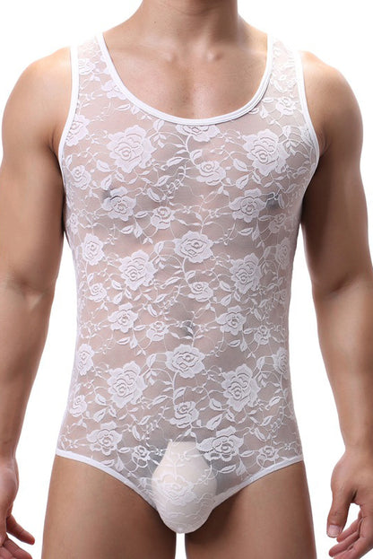 White Men's Lace Translucent Tight Bodysuit