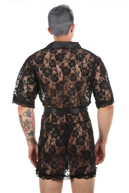 Men's Floral Lace Robe with Satin Tie