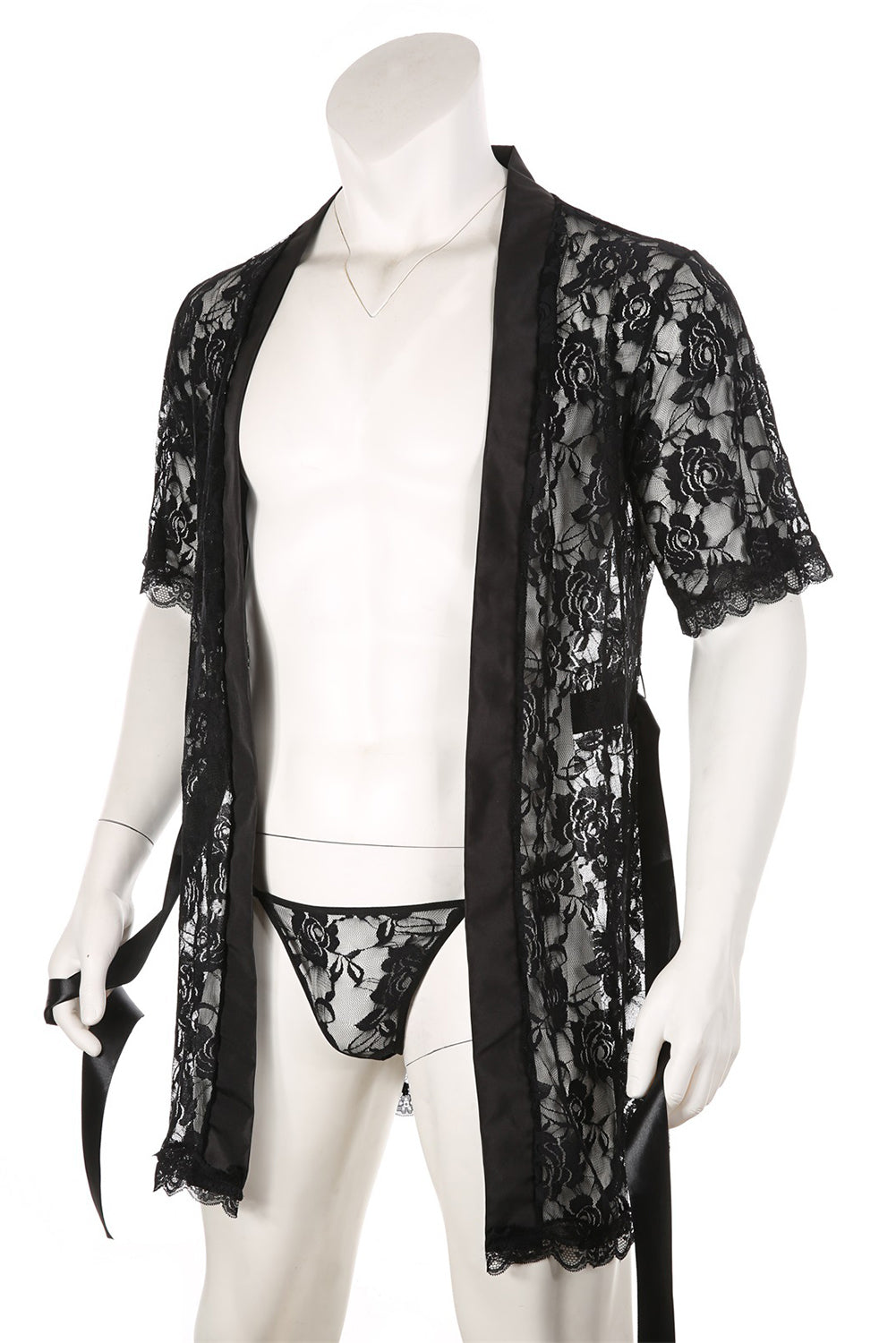 Men's Floral Lace Robe with Satin Tie