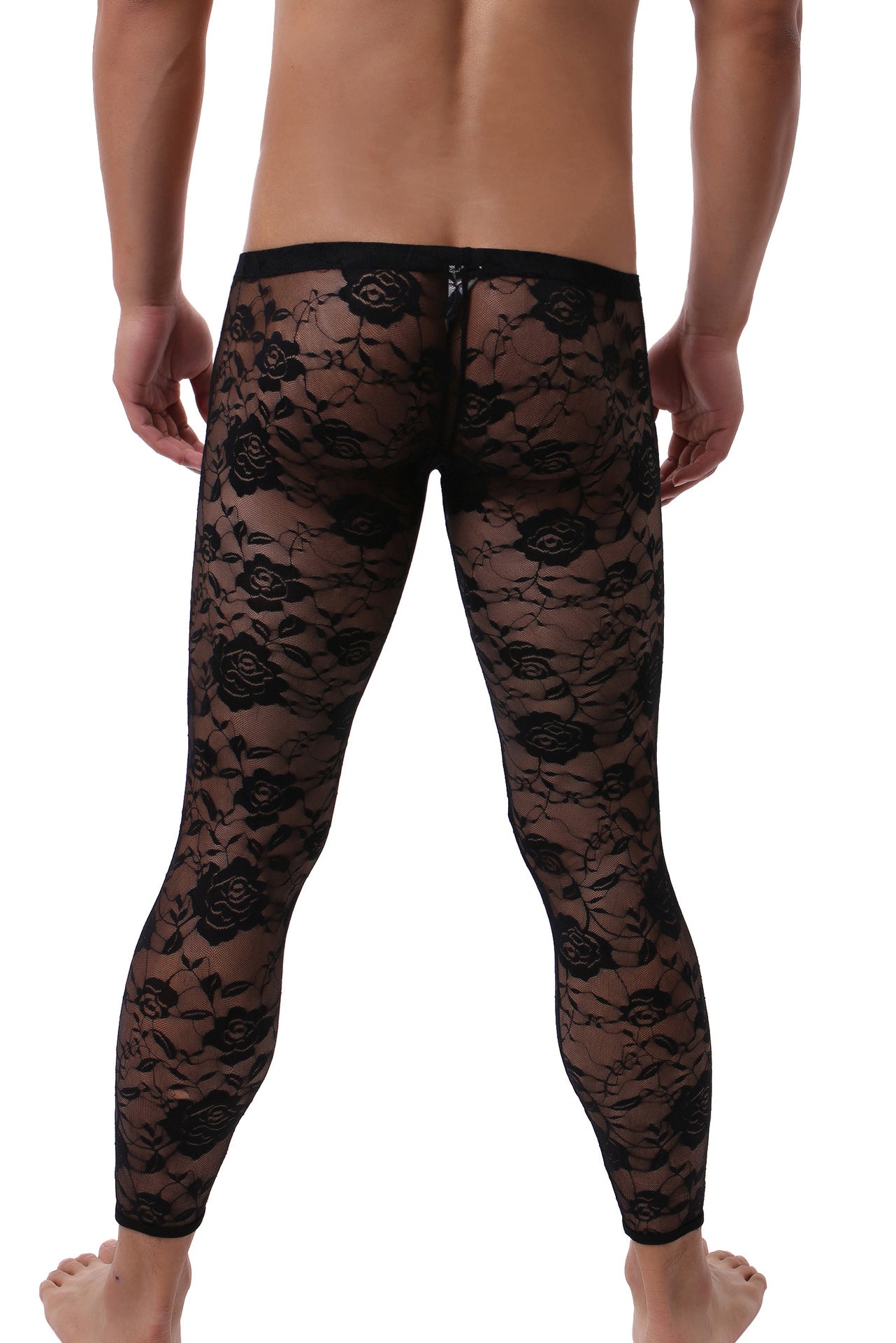 Black Sheer Floral Lace Mesh Low Rise Men's Leggings