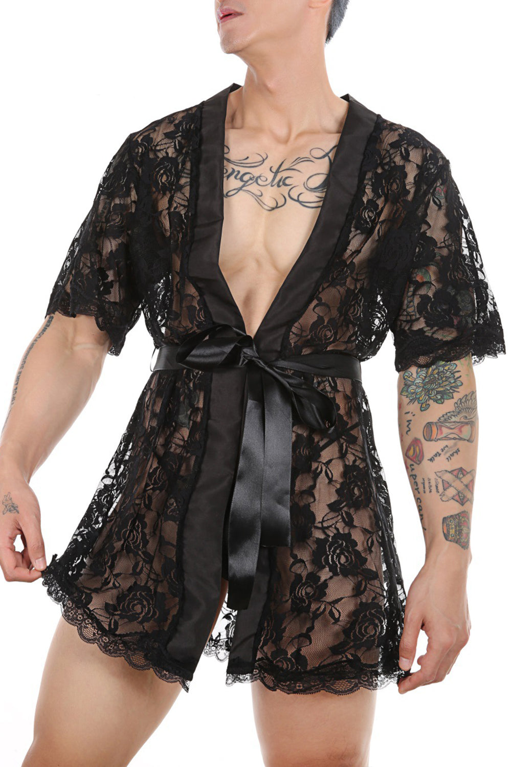 Men's Floral Lace Robe with Satin Tie