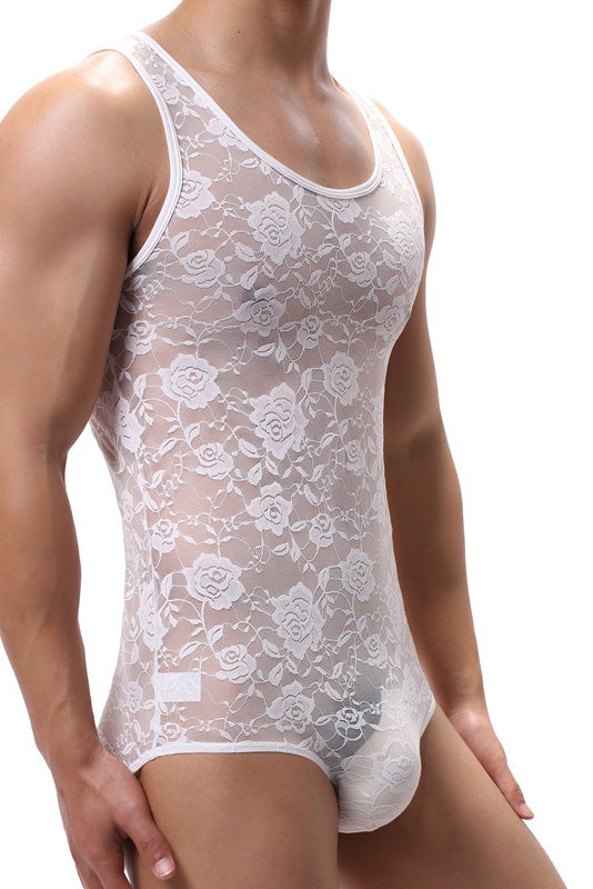 White Men's Lace Translucent Tight Bodysuit