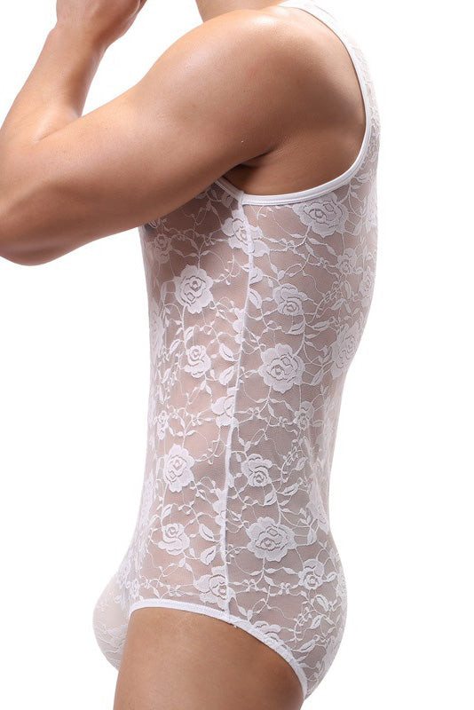 White Men's Lace Translucent Tight Bodysuit