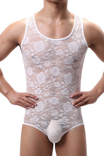 White Men's Lace Translucent Tight Bodysuit