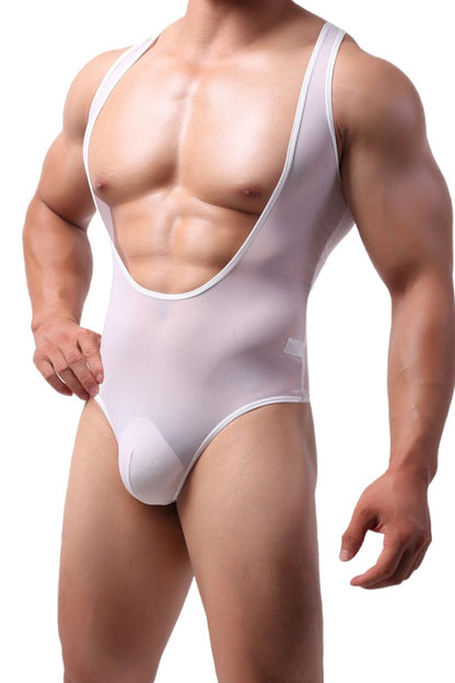 Men's White Sexy Hollow-out Chest Sex Bodysuit