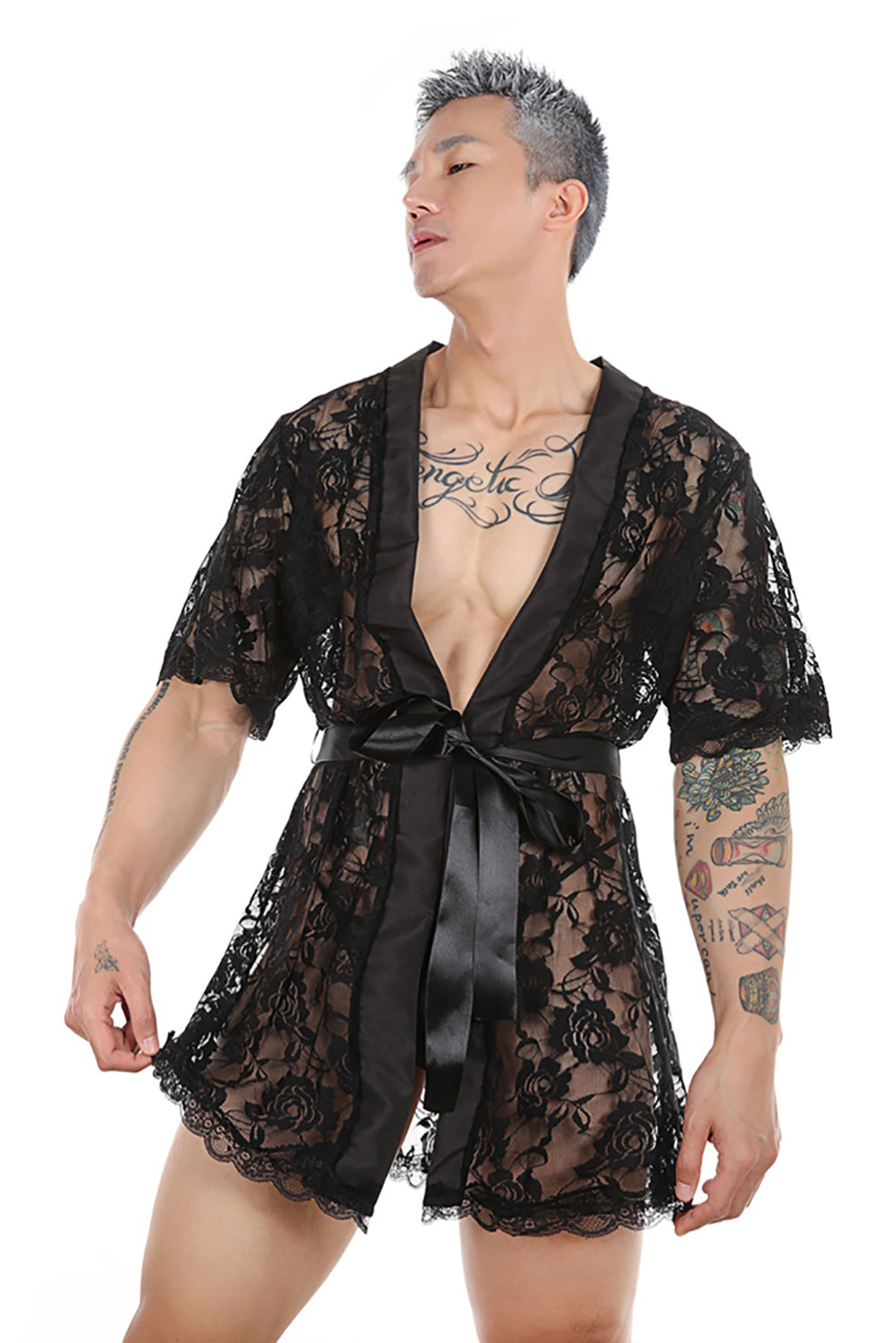 Men's Floral Lace Robe with Satin Tie