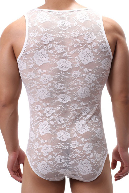 White Men's Lace Translucent Tight Bodysuit