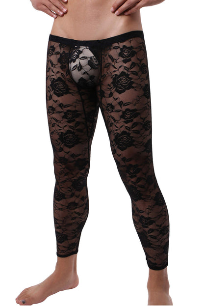 Black Sheer Floral Lace Mesh Low Rise Men's Leggings