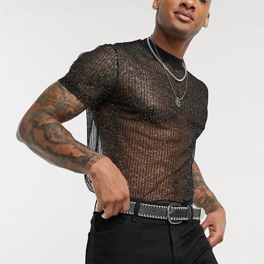 T-shirt à manches courtes et col rond pour homme, haut moulant en maille, sexy