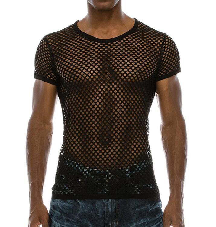 Mesh See-through Fishnet Tees for Men / Sexy Short Sleeve Male T-shirt in Rock Fashion